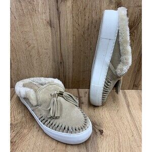J/Slides NYC Beige Suede Azul Faux Fur Sock Tassled Slip-On Mule Sneakers Size 7